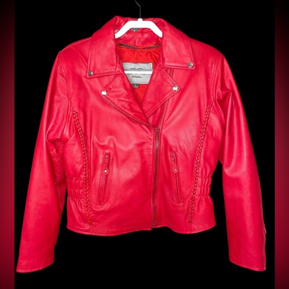 Unik Red Leather Moto Jacket Size L - Picture 1 of 9
